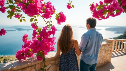 Couple sur une terrasse avec vue sur la mer Méditerranée.