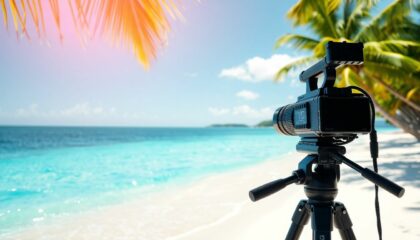 Video camera filming on a tropical beach in the Antilles.