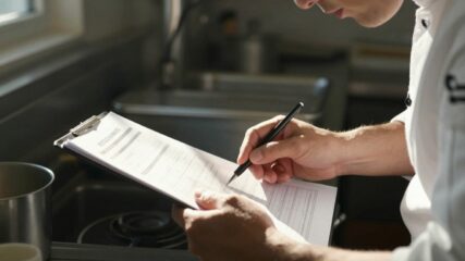 Mains inspectant un livre de comptes de restaurant.