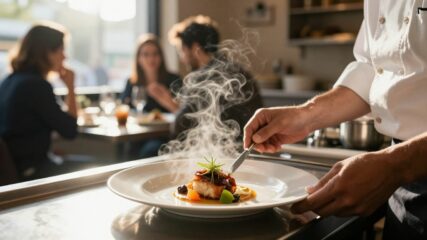 Cuisine de restaurant animée avec un chef préparant un plat.