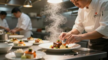 Plat gastronomique préparé par un chef dans une cuisine de restaurant.